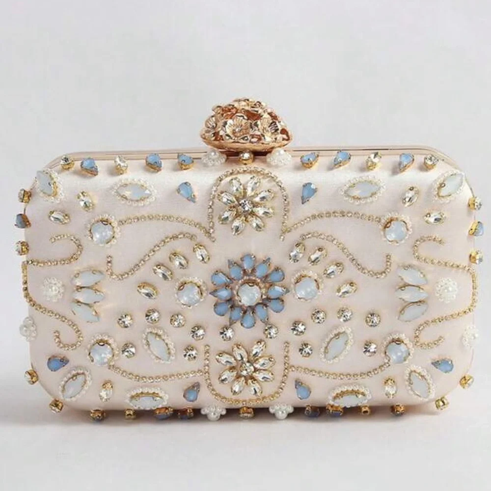 Embellished Ivory Crystal Evening Clutch with Gold Chain